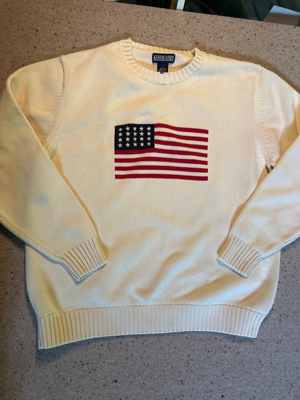 Lands End Mens American Flag Sweater Cream Large 42-44 Americana Heritage